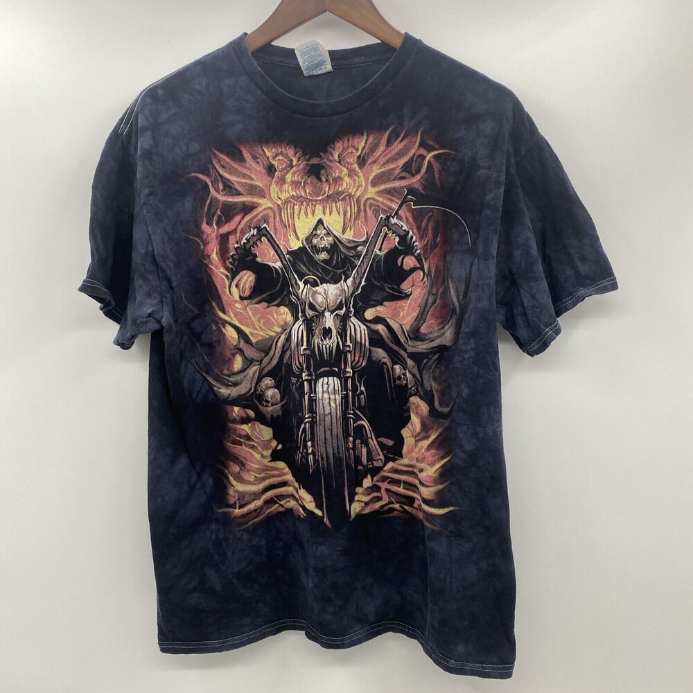 Vintage SKULLBONE Fiery Skeleton Motorcycle Rider Shirt Large Delta Pro Gothic